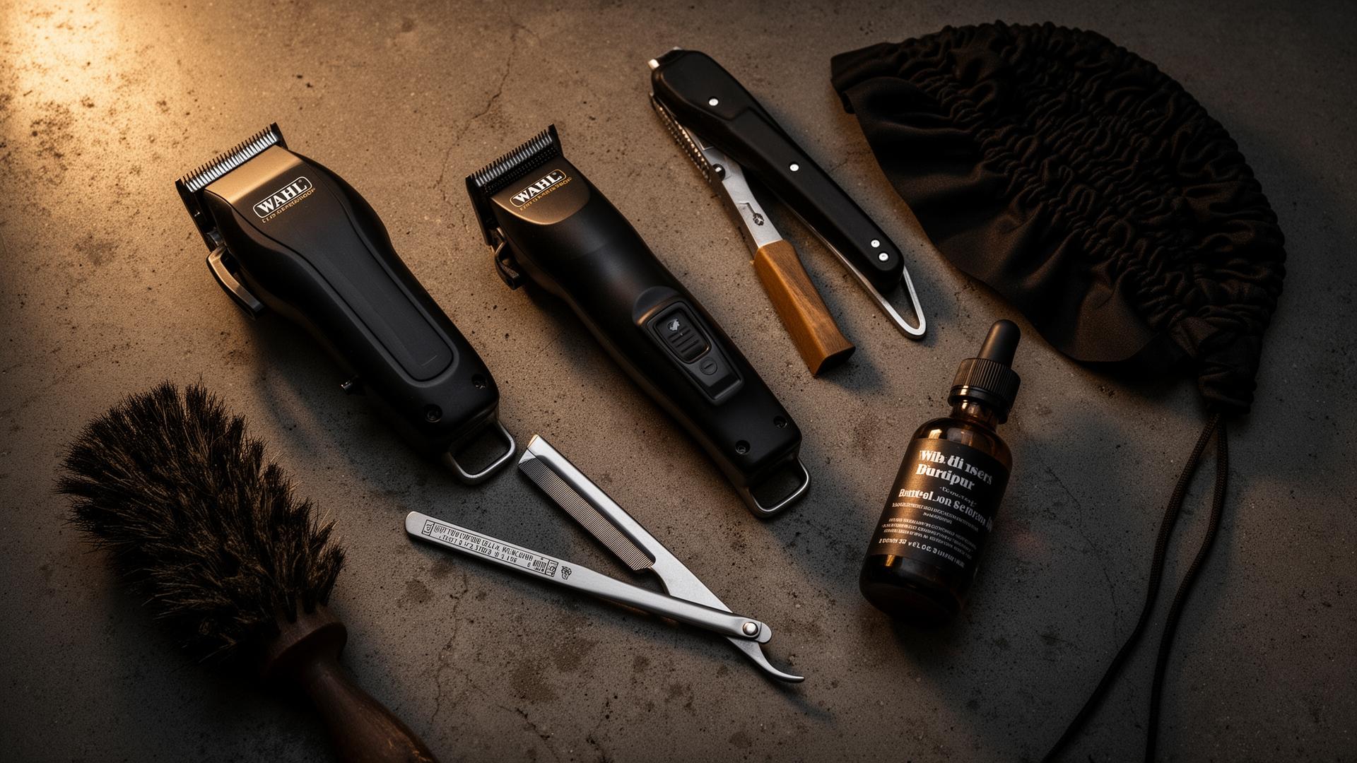 Barber tools — scissors, razor, brush